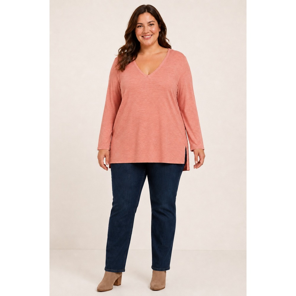 Chico's Ultimate Tee Size 3 USXL Coral Orange V-Neck Long Sleeve Tunic Top